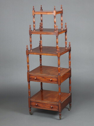 A 19th Century and later square mahogany 5 tier what-not, the base fitted 2 drawers, raised on turned supports   159cm h, the base and next 3 shelves 50cm x 43cm, then 43cm x 34cm and 34cm x 26cm 