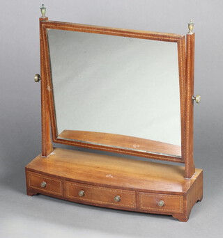 A 19th Century rectangular plate dressing table mirror raised on a mahogany bow front base fitted 1 long and 2 short drawers 72cm h x 65cm w x 23cm d 