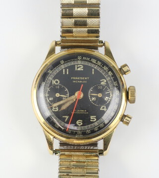 A gilt cased Preasent chronograph wristwatch with red seconds hand and 2 subsidiary dials, the case numbered 754 with black dial on a gilt bracelet 35mm  