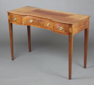 A Georgian style inlaid mahogany concave side/dressing table fitted 1 long and 2 short drawers, raised on square tapered supports 78cm h x 113cm w x 48cm d 