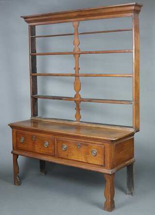 An 18th Century oak dresser base fitted 2 long drawers with an associated raised back with moulded cornice fitted 3 shelves, raised ons square tapered supports with replacement handles and escutcheons 214cm h x 166cm w x 54cm d 