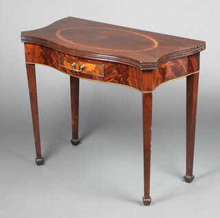 A Georgian inlaid mahogany tea table of serpentine outline fitted a drawer, raised on squared tapered supports, spade feet 72cm h x 86cm w x 42cm d 