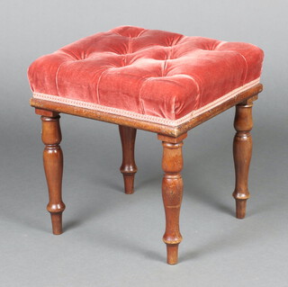 A Victorian square mahogany stool the seat upholstered in pink buttoned material, raised on turned supports 39cm h x 37cm w x 37cm d 