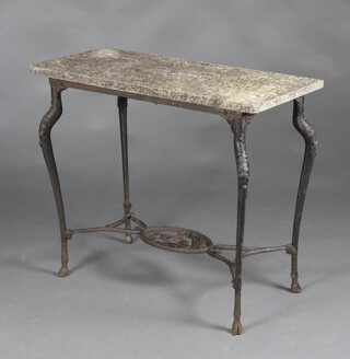 A 19th/20th Century rectangular iron garden table with well weathered marble top, raised on a cast iron base with cabriole supports and pierced undertier decorated a stag 74cm h x 90cm w x 41cm d  