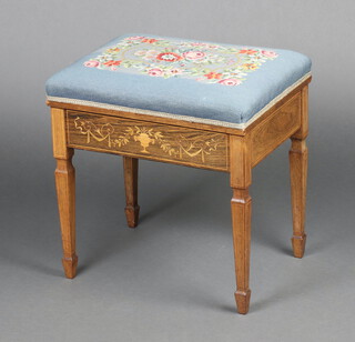 A Victorian rectangular inlaid rosewood box seat piano stool with hinged seat upholstered in Berlin woolwork, raised on square tapered supports 50cm h x 50cm w x 40cm d 