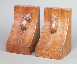 Robert "Mouseman" Thompson of Kilburn, a pair of wedge shaped bookends, each with a carved mouse, 16cm h x 10cm w x 9.5cm d 