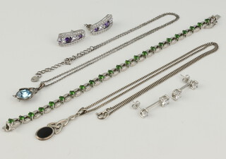 A 925 paste set bracelet, a pair of earrings, 2 necklaces and pendants and a pair of drop earrings 31 grams 