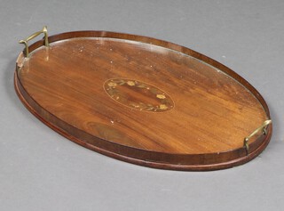 An Edwardian oval inlaid mahogany twin handled tea tray 6cm x 60cm x 39cm 