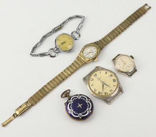 A lady's Edwardian enamelled fob watch, 4 wristwatches 