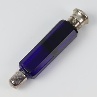 A white metal mounted clear glass double ended scent bottle 