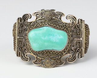 A Chinese silver hardstone set filigree bangle 