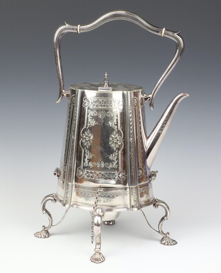 A Victoria silver plated tea kettle on stand with burner, raised on shell feet 41cm 