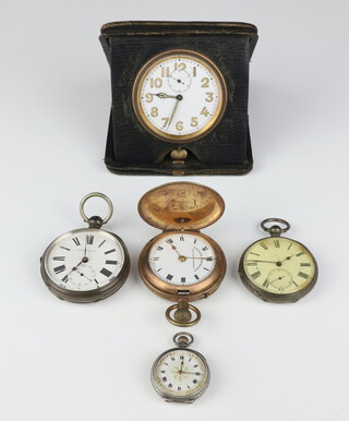 A silver cased key wind pocket watch with seconds at 6 o'clock, 3 other pocket watches and a bedroom timepiece 