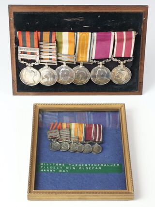 A group of 6 medals to Private later Honorary Lieutenant Quarter Master Henry Brunner Day Kings Royal Rifle Corps and Welch Regiment comprising India General Service medal 1854 with 2 bars - Hazara 1891 and Samana 1891 named to 3391 Private H B Day KRRC, Queens South Africa medal with 6 bars - Cape Colony, Talana, Defence of Lady Smith, Orange Free State, Transvaal, Laing's Nek named to 3391 Sergeant Day KRRC, Kings South Africa medal with 2 bars - South African 1901 and 1902 also named to 3391  Sergeant  H B Day KRRC,  an unnamed British War medal, an Edward VII issue Army Long Service Good Conduct medal named to 8221 Sergeant H B Day Welch Regiment, George VI issue Meritorious Service medal named to 8221 Sergeant H B Day Welch Regiment, together with a set of miniature medals, military history sheet from 1860 to 1903, Army Form D426, Warrant of Commission as Territorial Quarter Master 17th County of London Regiment dated July 6th 1915, letter confirming Meritorious Service medal dated 17th April 1950, birth certificate dated 1892, death certificate dated 1955 together with other paperwork 