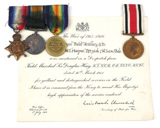 A group of 4 medals to Bombardier later Sergeant 964 A-Bmbr WT Harper Royal Field Artillery comprising 1914-15 Star, British War medal and Victory medal together with a George VI issue Special Constabulary Long Service Good Conduct medal and a certificate mentioning Sergeant Harper of W.Lan Brigade, mentioned in dispatches 16th March 1919  