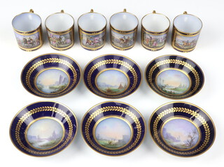 A set of 6 19th Century Sevres coffee cans and saucers with dark blue ground and gilt decoration with figures at pursuits, the saucers with landscape studies 