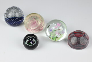 A Whitefriars paperweight - Summer Meadow, Dragonfly", number 97 of 150, 7.5cm, a Selkirk ditto - Partridge in a Pear Tree number 87 of 500 8cm, a Caithness Polka 8cm, Caithness Royal Wedding 1981 and a Caithness miniature thistle 5cm THIS LOT IS WITHDRAWN FROM THE AUCTION 