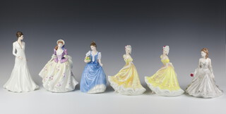 Four Royal Doulton figures Helen 3601 20cm, Nanette HN2379 15cm (x2), Sweet Lilac HN3972 18cm and a Coalport figure Happy Birthday 21cm and ditto Silver Wedding Anniversary 16cm 