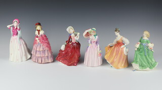 Six Royal Doulton figures - Fair Lady HN28335 18cm, Autumn Breezes HN1939 17cm, Gentle Breeze HN4317 20cm, Victorian Lady HN727 19cm, Miss Demure HN1402 and Spring Serenade HN3956 18cm