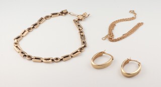 A 9ct yellow gold bracelet 18cm, together with a chain 38cm, a tie pin and pair of earrings 12.2 grams 