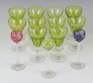 Ten pale green Bohemian wines and 3 multi coloured liqueurs 