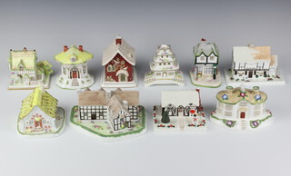 Ten modern Coalport pastel burners - Pagoda House 8cm, The Masters House 8cm, Gingerbread House 7cm, Old Curiosity Shop 8cm, Red House 9cm, Thatched Cottage 8cm, Toy Shop 8cm, Christmas Cottage 8cm, Hunting Lodge 7cm and Shakespeares Birthplace 7cm 