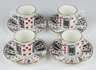 A set of 4 Elizabethan "Cut for Coffee" coffee cans and saucers decorated with playing cards 