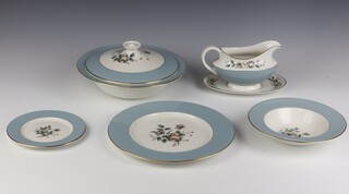 A Royal Doulton Rose Elegance part dinner service comprising 7 small plates, 4 side plates, 4 dinner plates, 8 soup bowls, 2 tureens and covers, sauce boat and stand