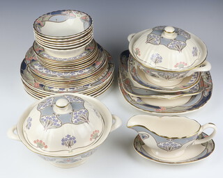 A Liberty Masons Ironstone Ianthe pattern part dinner service comprising 6 dessert bowls, 6 small plates, 6 side plates, 6 dinner plates, 2 tureens and covers, a sauceboat A/F and stand, a bowl and two platters 