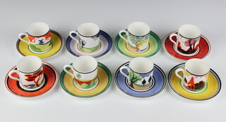 Eight Clarice Cliff for Wedgwood Cafe Chic Collection of coffee cans and saucers - Brookfields, Secrets, Autumn, Red Tree, Windmill, Blue Firs, May Avenue and Summer House 