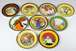 Nine Bizarre Clarice Cliff for Wedgwood limited edition plates - Poplar, Orange House, Blue Lucerne, Eden Applique, Lugano Applique, Avignon Applique, Caravan Applique and Palomo Applique 20cm 