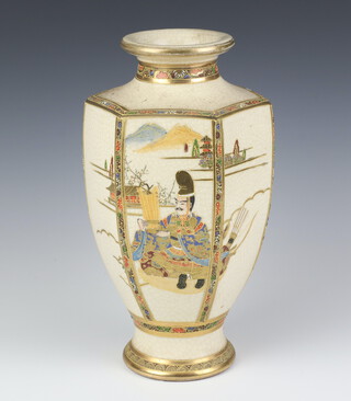 A 1930's Satsuma hexagonal vase decorated with figures 30cm 