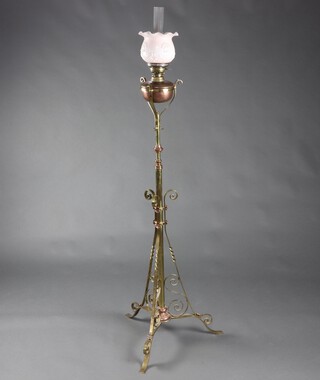 A Victorian copper and brass adjustable standard oil lamp with opaque shade, clear glass chimney 117cm h x 64cm 