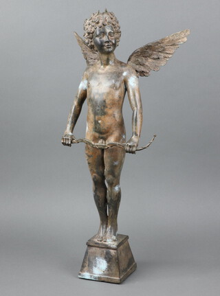A 20th Century metal figure of a standing cupid with arrow, raised on a square tapered base 61cm h x 30cm 