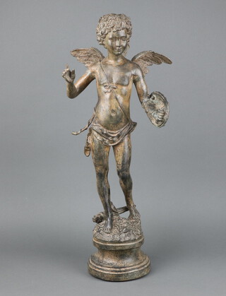 A 20th Century cast metal figure of a standing cherub with shield and quiver, raised on a circular base 60cm h x 15cm d 