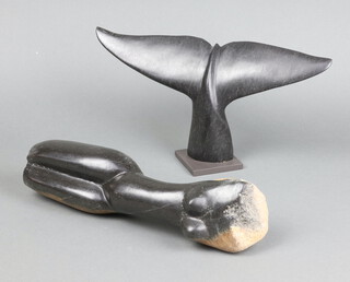 P Kotokwa, a South African carved hardstone sculpture in the form of a female torso 32cm x 9cm, together with an unsigned Zimbabwe carved polished hardstone figure of a whale's tail 18cm x 32cm 
