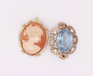 A 9ct yellow gold cameo brooch together with a topaz ditto 