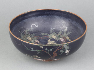 A 19th/20th Century circular Japanese black ground cloisonne enamelled bowl decorated birds 8cm x 18cm 