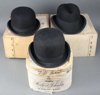 Herbert Johnson, 2 black bowler hats together with a ditto Homburg hat complete with boxes, all size 7 1/8th 