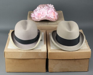 Herbert Johnson, two grey Homburg hats complete with boxes size 7 1/8th and a 1950's lady's pink hat with floral decoration 