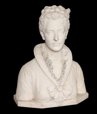 Charles Francis Fuller (1830-1875), a carved marble head and shoulders portrait bust of Queen Alexandra 66cm h x 42cm w x 30cm d Provenance: The bust was a gift from Queen Alexandria on the occasion of the 5th Lord Garvagh's christening and was displayed in the family home at Marble Arch. At the demolition of the house in the late 1920's, the bust was placed into storage at Coutt's & Co in the Strand where it remained until the bank was demolished. At this time it was gifted to Lord Garvagh's solicitor.