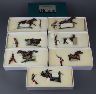 Frontline Figures, 7 cast metal painted figures of 11th Hussars (Prince Alberts Own) - trooper type three, wounded trooper, cheering trooper, collapsing trooper, NCO, bugler and trooper, all boxed  