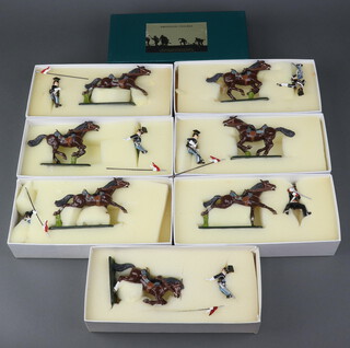 Frontline Figures, 8 cast metal painted figures of the 17th Lancers to include - trooper type one, two and three, trooper falling off back of rearing horse, officer, NCO and collapsing trooper, all boxed