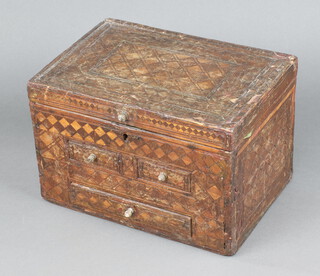 An 18th Century prisoner of war straw work box with hinged lid and fitted interior, the base fitted a drawer with bone handles 17cm h x 26cm w x 19cm d 