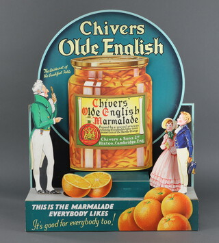 A 1930's card, shop advertising diorama for Chivers Olde English Marmalade, depicting a gentleman and children in Georgian attire standing next to a large jar of marmalade 67cm h x 54cm w x 12cm d THIS LOT IS WITHDRAWN FROM THE AUCTION 