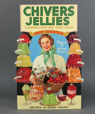 A 1930's card, shop advertising display for Chivers Jellies depicting a lady with a basket of fruits surrounded by various flavours of jellies 57cm h x 35cm w, THIS LOT IS WITHDRAWN FROM THE AUCTION 