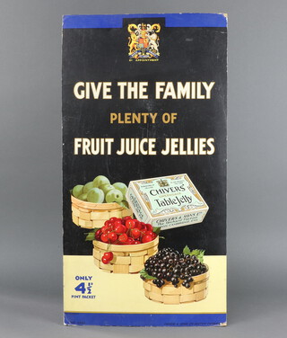 A 1920's card, shop advertising display promoting Chivers Greengage Table Jelly "Give The Family Plenty of Fruit Juice Jellies"  59cm h x 39cm w THIS LOT IS WITHDRAWN FROM THE AUCTION 