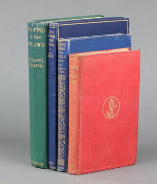 A collection of 1920/30's children's books to include Grahame Kenneth "The Wind in the Willows" bound in green cloth and gilt 12mo.,  Methuen & Co London 40th edition 1932, Milne A.A.  "When We Were Very Young" illustrations by Shepard, bound in blue cloth and gilt 12mo.,  Methuen & Co London 5th edition 1924, Kipling Rudyard "The Jungle Book" bound in blue cloth and gilt, pocket edition 12 mo.,  Macmillan & Co Ltd. 1924 and Carroll Lewes "Through The Looking Glass and What Alice Found There" bound in red cloth and gilt 16mo.,  Macmillan London 1921 
