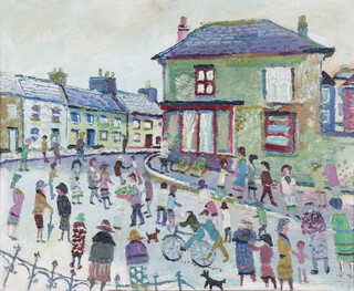 ** Fred Yates (1922-2008), oil on board signed, a busy street scene with figures and dogs 46cm x 57cm **Please Note - Artist's Resale Rights may be payable on this lot 