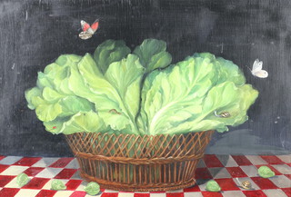 Mimi Roberts, oil on board, still life study of a basket of lettuce leaves with ladybird, snails and butterflies, printed on verso 42cm x 62cm 